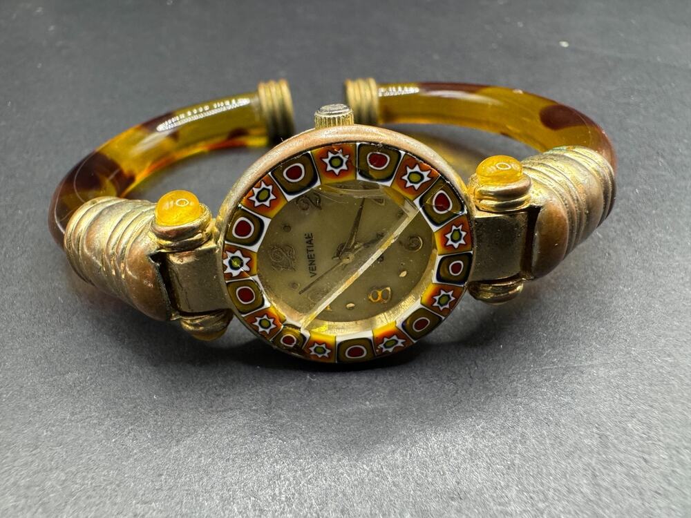 Ladies Venetiae Art Glass Millefiori Glass Gold Tone Tortoise Shell Bangle Band
